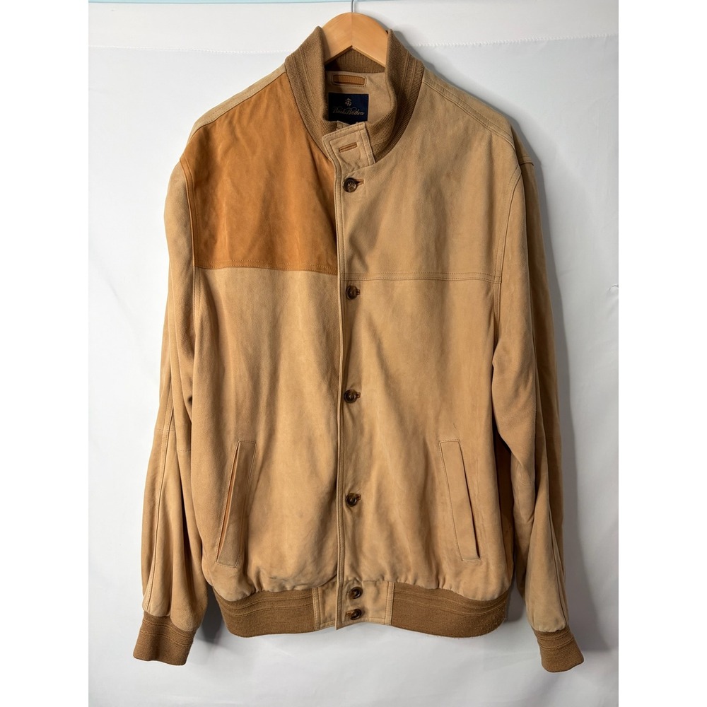 VTG Brooks Brothers Mens Tan Suede Leather Jacket Sz XL Patch Old Money Durable